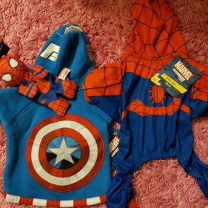 2 Marvel outfits & toy for tiny dogs.